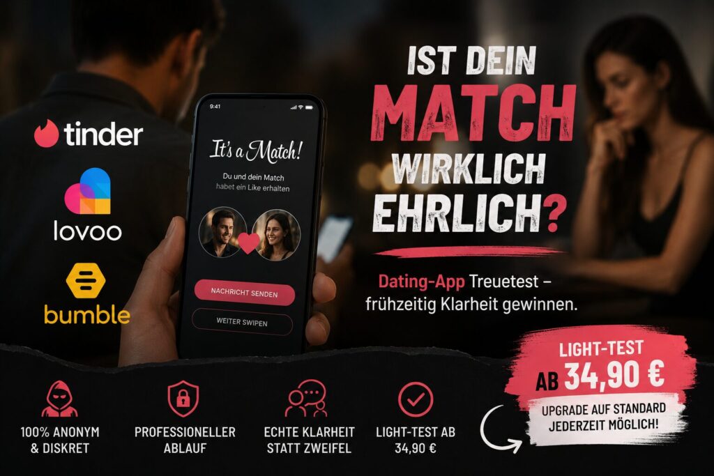 Dating-App Treuetest für Tinder, Bumble und Lovoo – 100 % anonym Klarheit über das Verhalten deines Matches gewinnen